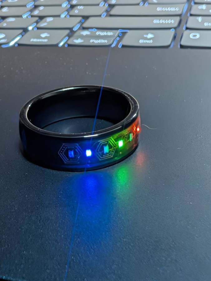 Ring with hexagon circuit etching and blue LEDs